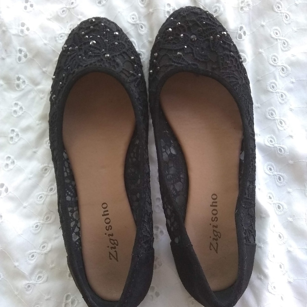 Zigisoho Black Bling Ballet Lace  Flats Sz 7 1/2